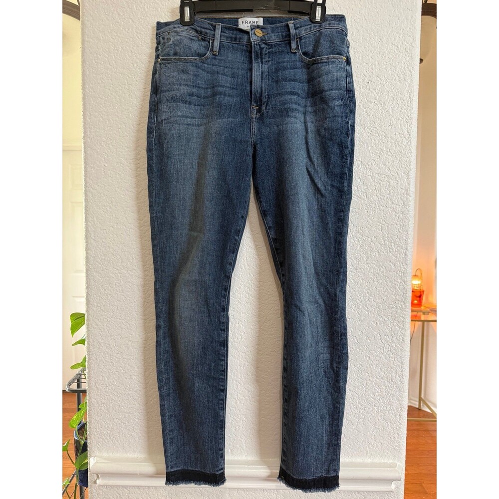 FRAME Le High Skinny Jeans Women’s Size 32 Blue Raw Hem Stretch Denim